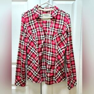 Guess LA 1981 Women's Red Plaid Western Pearl Snap Buttons Cotton Shirt Size L.
